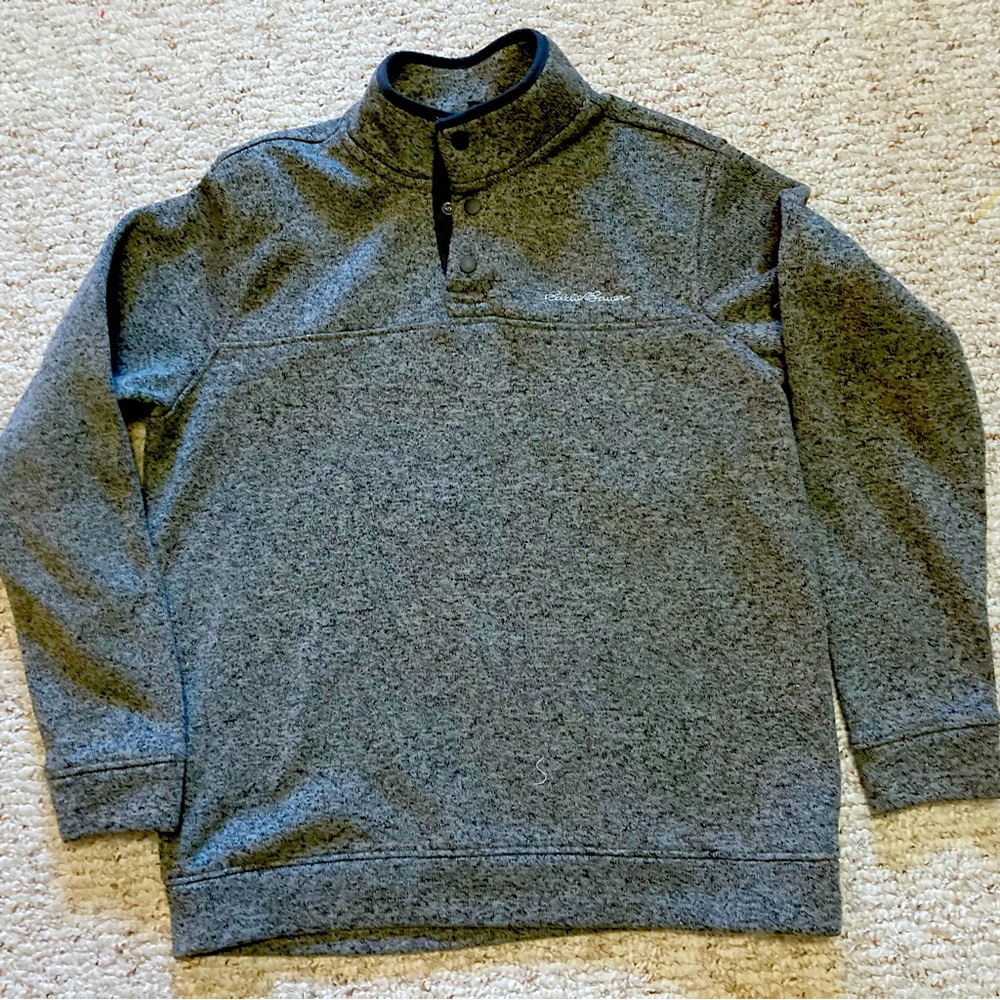 Eddie Bauer Mens Size Large 1/4 Button Pullover. Grey and Black Heather Sweater
